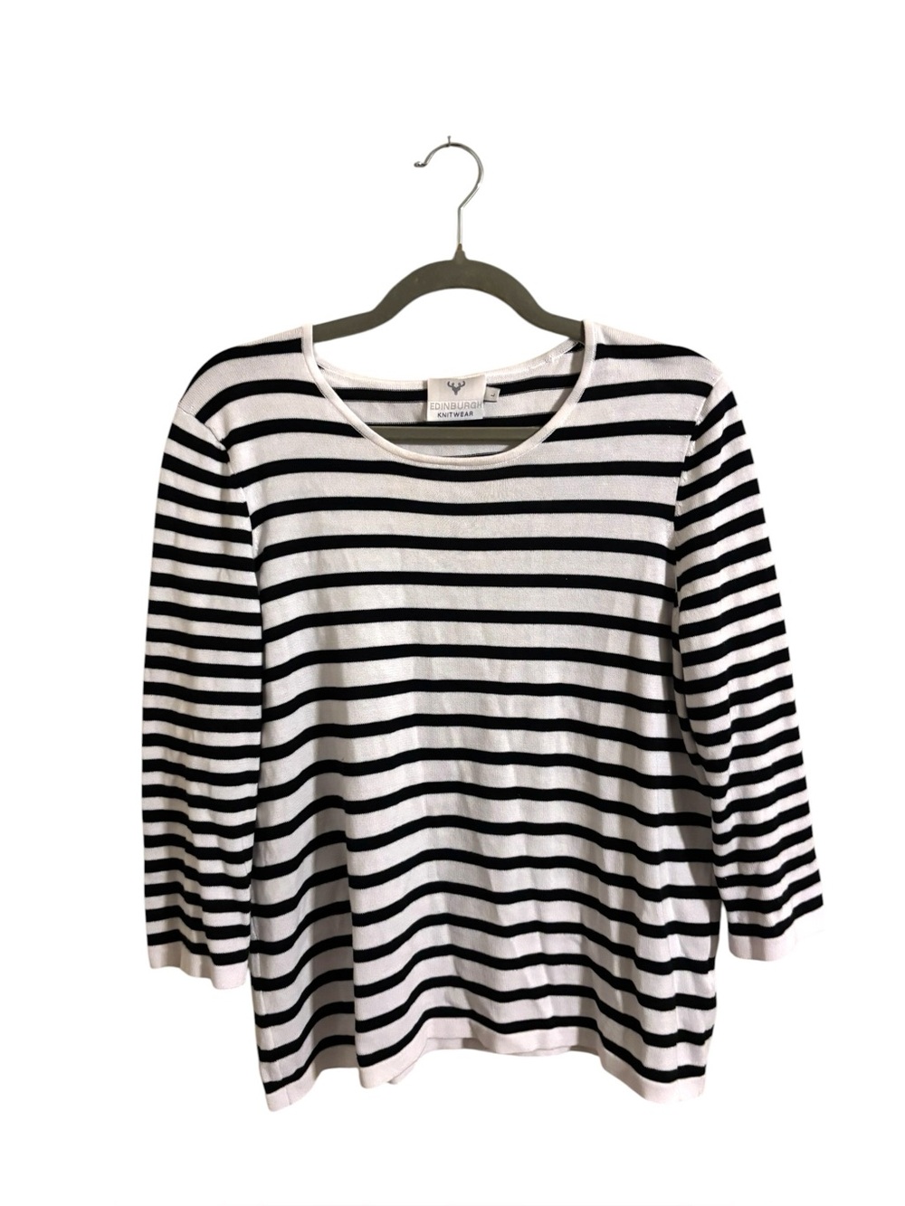 Edinburgh Knitwear Black‎ & White Striped 3/4 Sleeve Top Pima Cotton Large